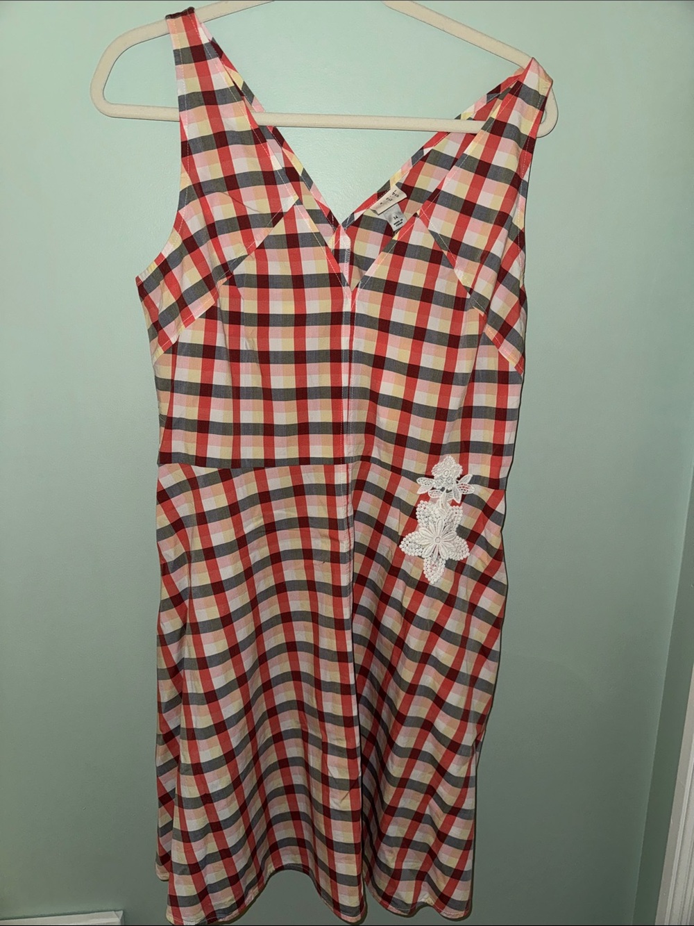 a new day Red and Cream Plaid Sleeveless Dress with White Floral Applique